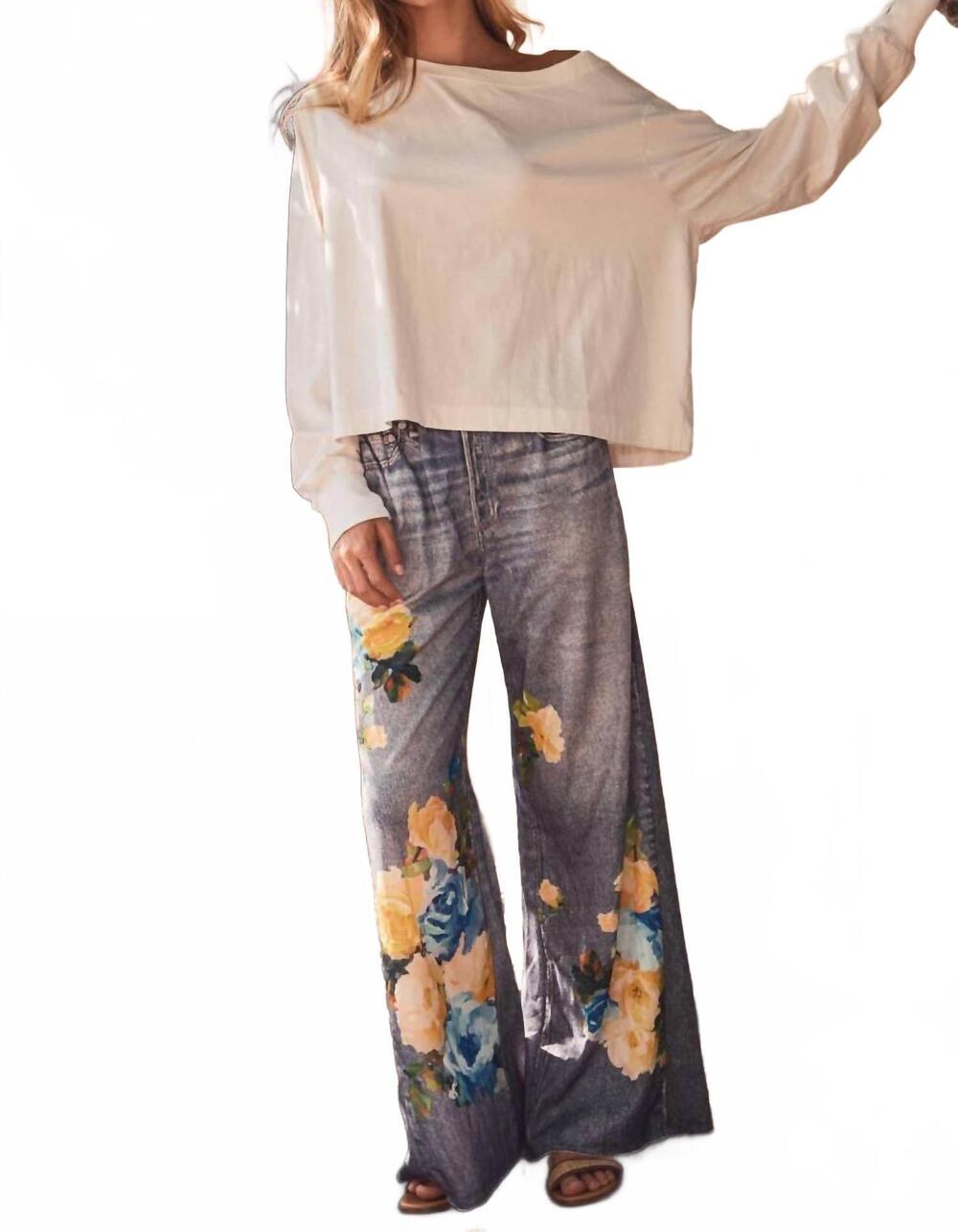 NEW ODDI denim-look sublimation printed wide leg pants in flower blue